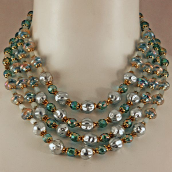 ca 1930's Magnificent Sea-Green Art Glass and Baroque Pearl Multi-Strand Necklace ca 1930's Magnificent Sea-Green Art Glass and Baroque Pearl Multi-Strand Necklace