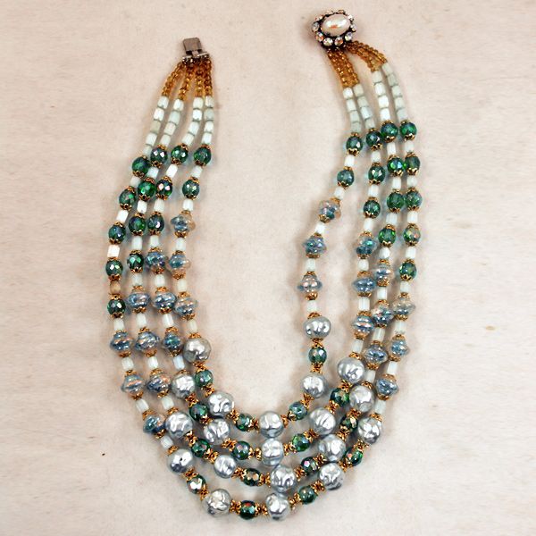 ca 1930's Magnificent Sea-Green Art Glass and Baroque Pearl Multi-Strand Necklace ca 1930's Magnificent Sea-Green Art Glass and Baroque Pearl Multi-Strand Necklace