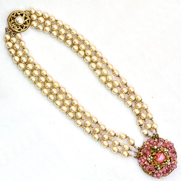 Wonderful Miriam Haskell Three-Strand Necklace with Faux Pearls Wonderful Miriam Haskell Three-Strand Necklace with Faux Pearls