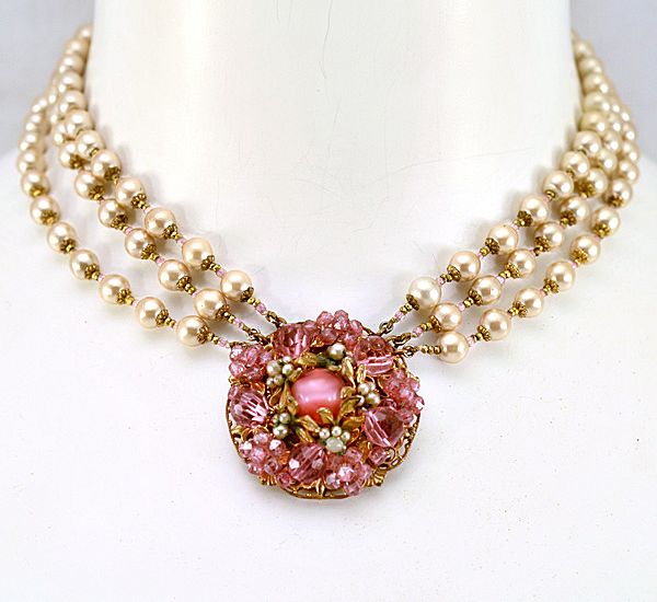 Wonderful Miriam Haskell Three-Strand Necklace with Faux Pearls Wonderful Miriam Haskell Three-Strand Necklace with Faux Pearls