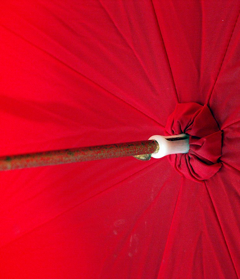 ca 1950s Red and Yellow Parasol with Wooden Handle - Beautiful ca 1950s Red and Yellow Parasol with Wooden Handle - Beautiful