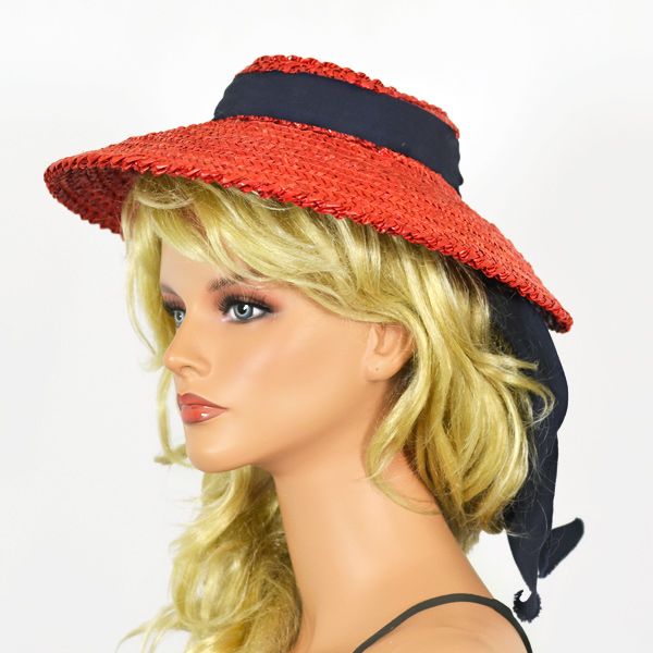 Cherry-Red Straw Hat with Blue Ribbon Cherry-Red Straw Hat with Blue Ribbon