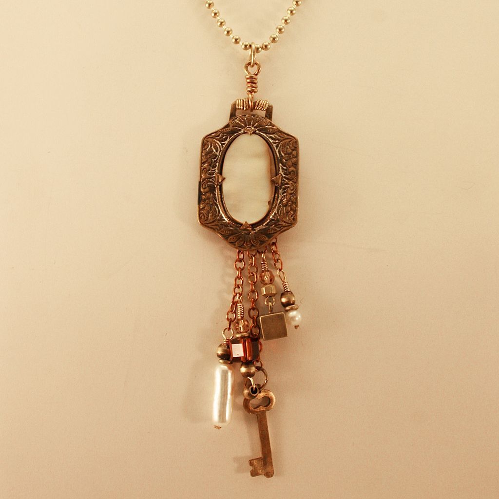OOAK Davison Victorian Brass Inlaid Mother of Pearl Belt Buckle Charm Necklace OOAK Davison Victorian Brass Inlaid Mother of Pearl Belt Buckle Charm Necklace