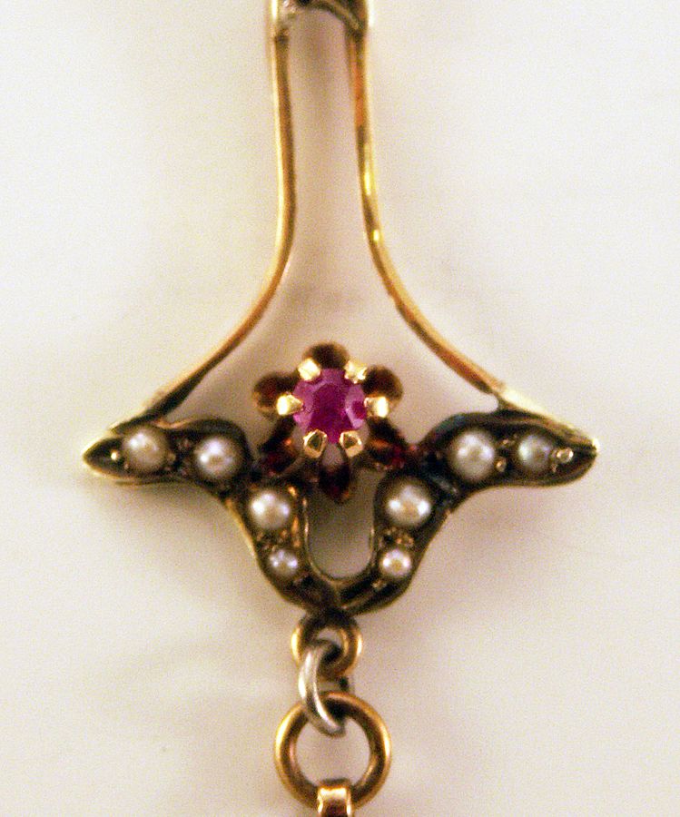 Antique 10K, 3.7gm Yellow Gold Victorian Lavalier with Ruby and Freshwater Pearls Antique 10K, 3.7gm Yellow Gold Victorian Lavalier with Ruby and Freshwater Pearls