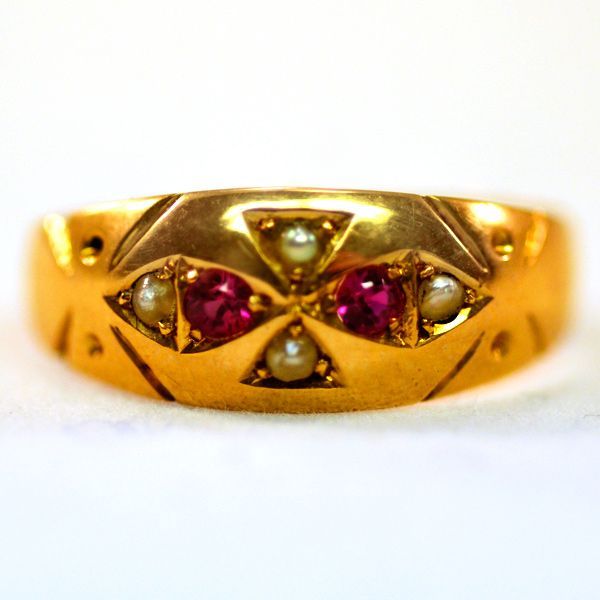 ca 1863 Fully Hallmarked 15K Rose Gold Ruby Spinel Freshwater Pearl Gypsy Ring ca 1863 Fully Hallmarked 15K Rose Gold Ruby Spinel Freshwater Pearl Gypsy Ring