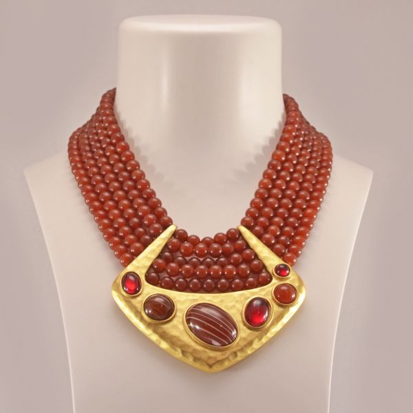 Dramatic Yves Saint Laurent Bib Necklace with Synthetic Carnelian and Faux Banded Agate Dramatic Yves Saint Laurent Bib Necklace with Synthetic Carnelian and Faux Banded Agate