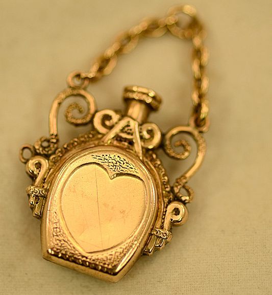 Solid 14k Gold Clover and Heart Chatelaine Perfume Bottle with Chain Solid 14k Gold Clover and Heart Chatelaine Perfume Bottle with Chain