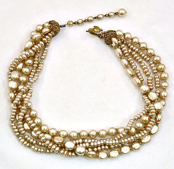 Rare Dove Clasp Miriam Haskell 5-Strand Baroque Pearl Necklace Rare Dove Clasp Miriam Haskell 5-Strand Baroque Pearl Necklace