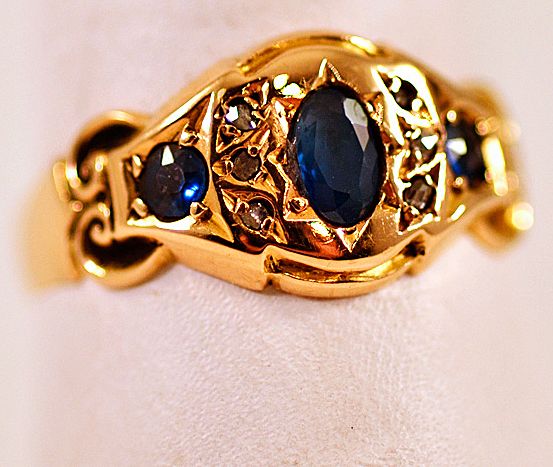 ca 1908 18K Gold Diamond Sapphire Ring Sovereign Crown Hallmark ca 1908 18K Gold Diamond Sapphire Ring Sovereign Crown Hallmark