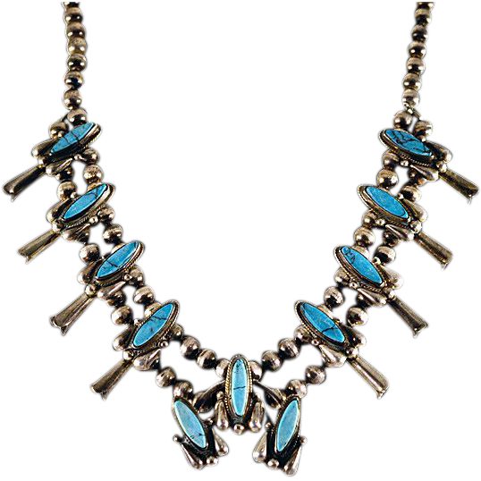 ca 60's Navajo Squash Blossom Turquoise and Silver Necklace ca 60's Navajo Squash Blossom Turquoise and Silver Necklace