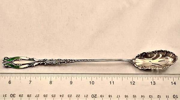 ca late 1800's Whiting Ornate Sterling Silver and Enameled Olive Spoon ca late 1800's Whiting Ornate Sterling Silver and Enameled Olive Spoon
