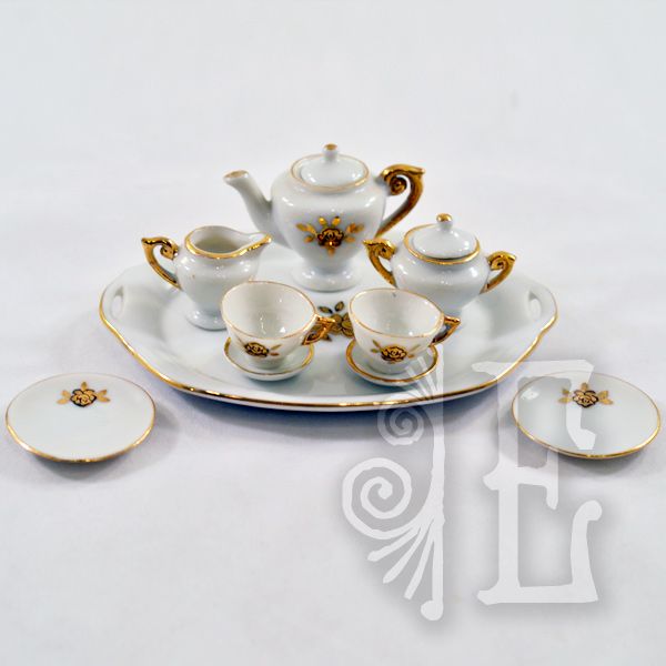 Darling 10-Piece Vintage "Transferware" with Gold Gilding Miniature Tea Set Darling 10-Piece Vintage "Transferware" with Gold Gilding Miniature Tea Set