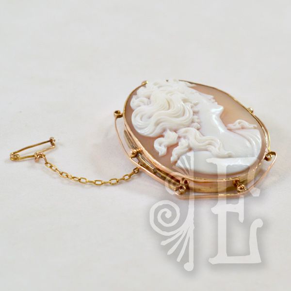 Antique 9K Rose Gold Victorian Woman Cameo with Safety Chain Antique 9K Rose Gold Victorian Woman Cameo with Safety Chain