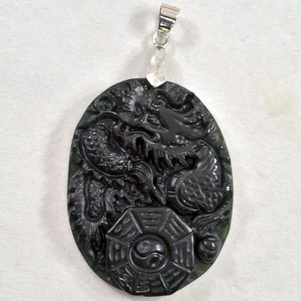 Vintage Carved Chinese Dragon "Black Jade" Pendant with I Ching Symbol