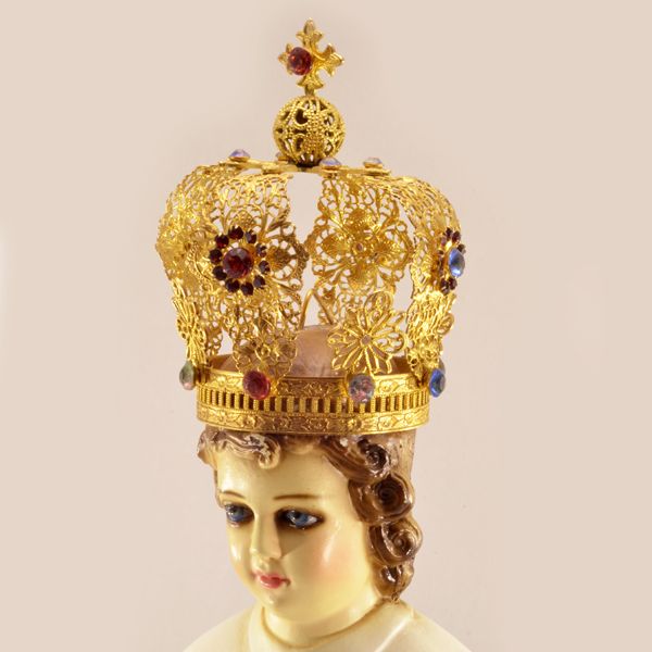 Extraordinary Vintage Chalkware Infant of Prague Statue With Lace Robe and Crown Extraordinary Vintage Chalkware Infant of Prague Statue With Lace Robe and Crown