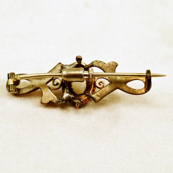 Antique 14K Gold-Plated Brooch with Syn Opal and Pearls Antique 14K Gold-Plated Brooch with Syn Opal and Pearls