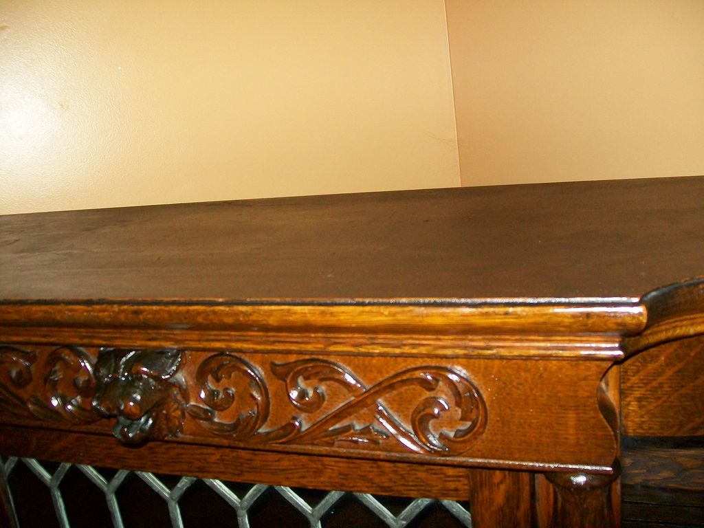 Oak China Cabinet Curved Glass Carved Lions Head Carved Feet Leaded Glass Oak China Cabinet Curved Glass Carved Lions Head Carved Feet Leaded Glass