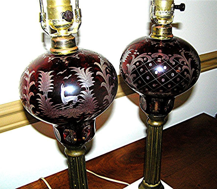Antique Lamps, pair, bohemian cut crystal, ruby to clear, 1890-1930 Antique Lamps, pair, bohemian cut crystal, ruby to clear, 1890-1930