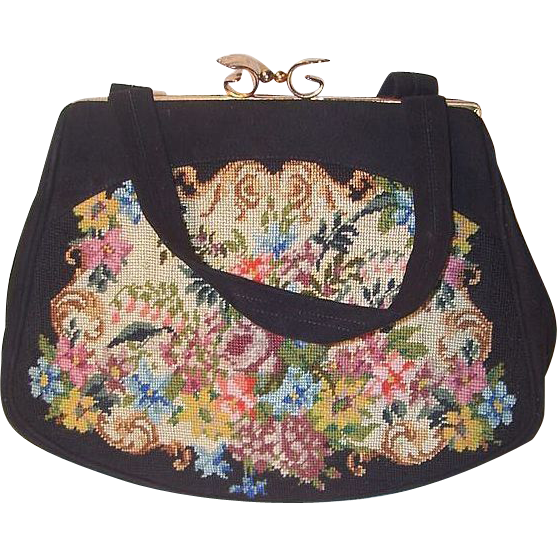 Floral Design Needlepoint Fabric Handbag Circa 1950's