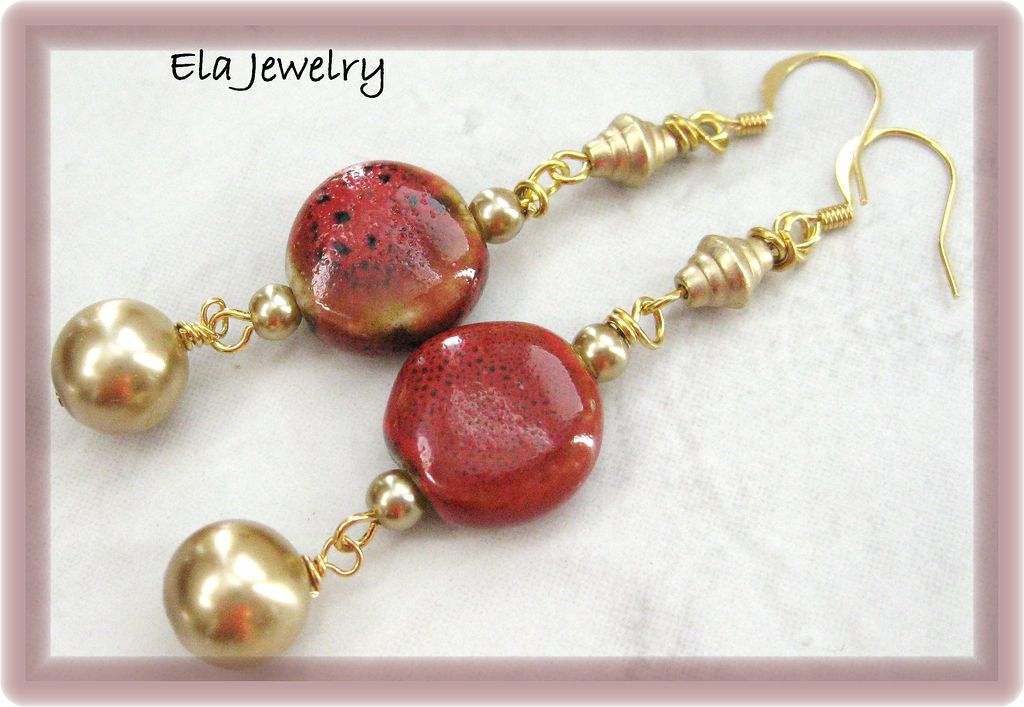 Red Porcelain Coin Beads with Glass Pearl Earrings Red Porcelain Coin Beads with Glass Pearl Earrings