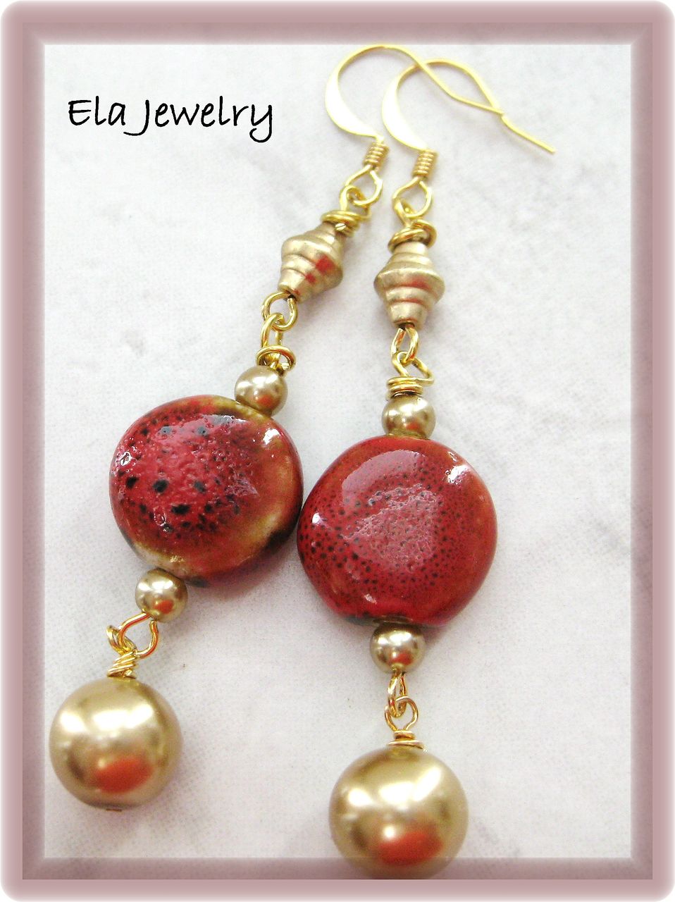 Red Porcelain Coin Beads with Glass Pearl Earrings Red Porcelain Coin Beads with Glass Pearl Earrings