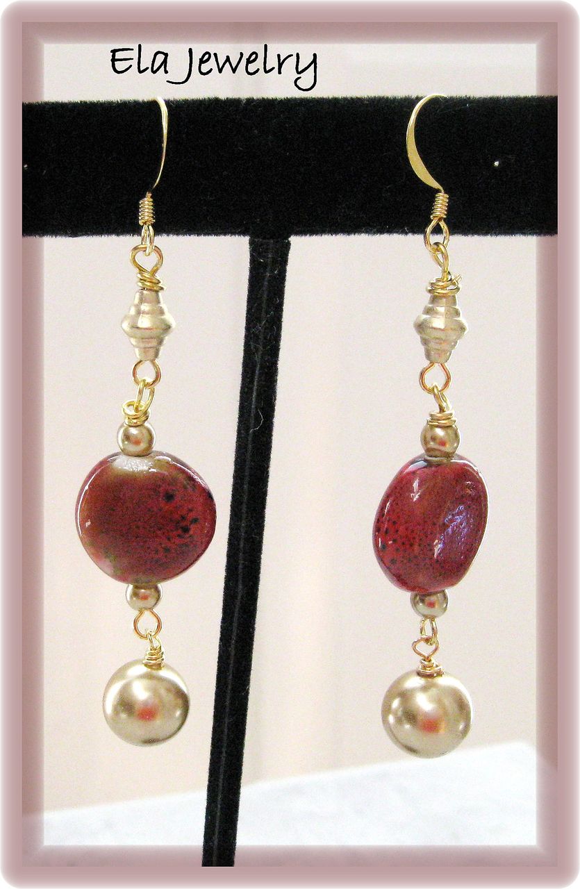 Red Porcelain Coin Beads with Glass Pearl Earrings Red Porcelain Coin Beads with Glass Pearl Earrings