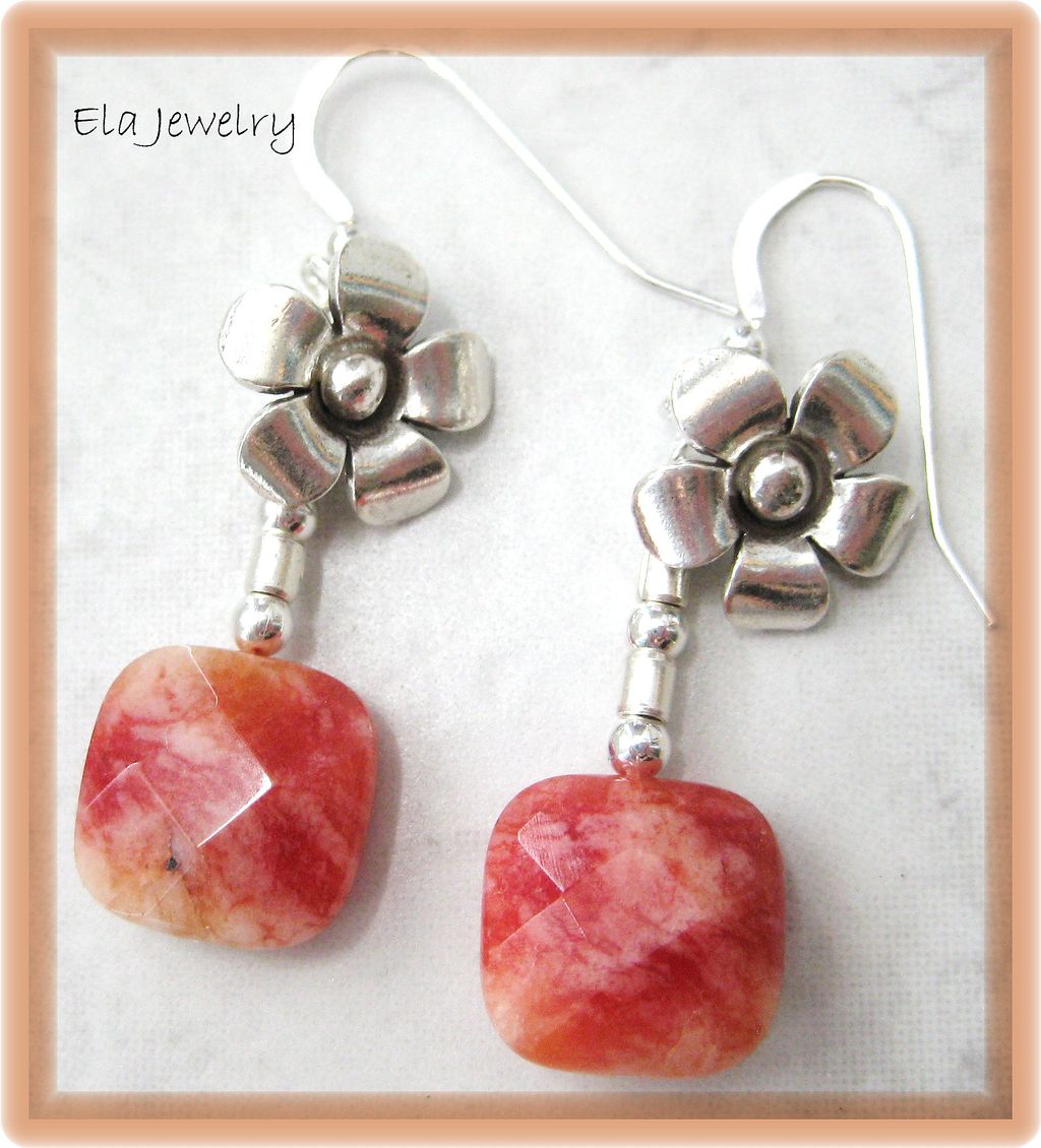 Sterling Silver Flower with Orange Pink Pillow Bead Earrings Sterling Silver Flower with Orange Pink Pillow Bead Earrings