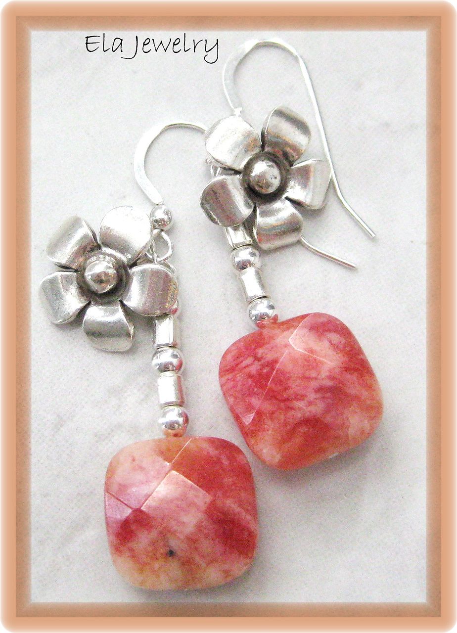 Sterling Silver Flower with Orange Pink Pillow Bead Earrings Sterling Silver Flower with Orange Pink Pillow Bead Earrings