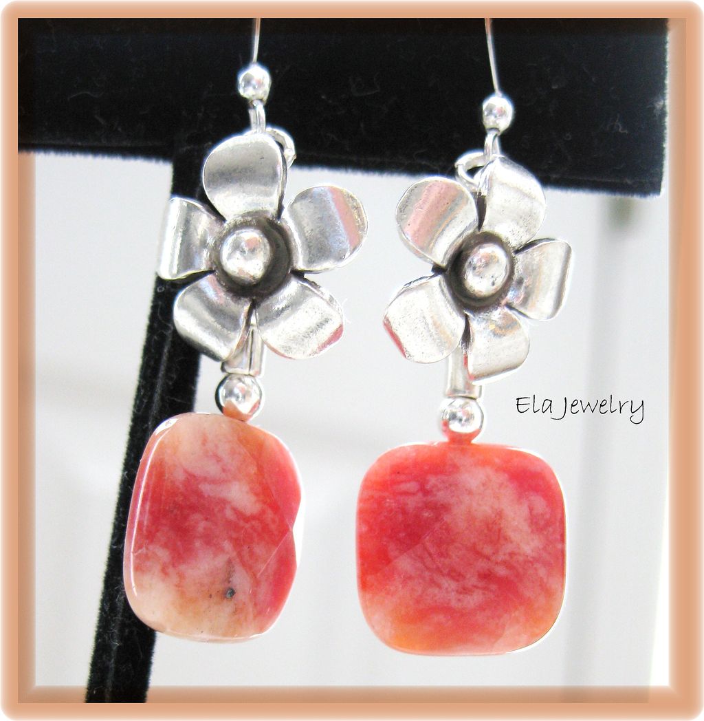 Sterling Silver Flower with Orange Pink Pillow Bead Earrings Sterling Silver Flower with Orange Pink Pillow Bead Earrings