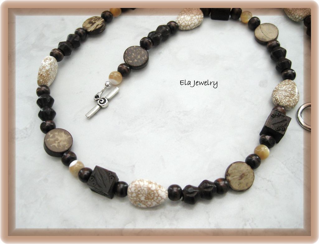 Nature's Bounty ~ White Stabilized Turquoise with Coconut Wood and Carved Cube Wood Long Necklace Nature's Bounty ~ White Stabilized Turquoise with Coconut Wood and Carved Cube Wood Long Necklace