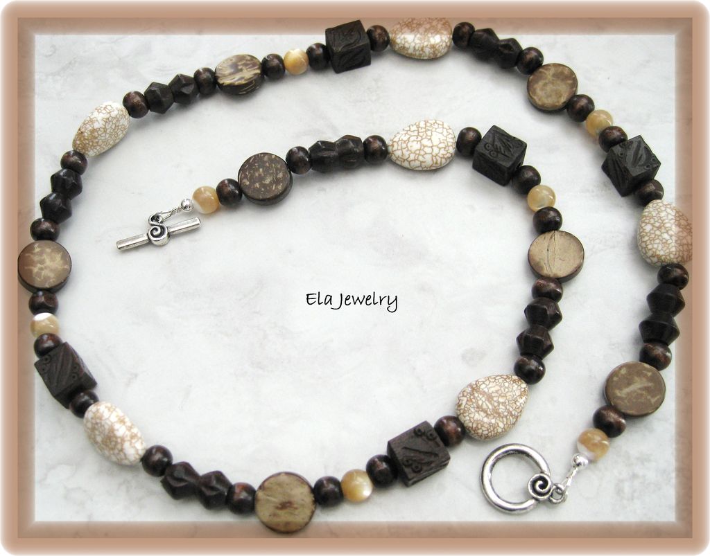 Nature's Bounty ~ White Stabilized Turquoise with Coconut Wood and Carved Cube Wood Long Necklace Nature's Bounty ~ White Stabilized Turquoise with Coconut Wood and Carved Cube Wood Long Necklace