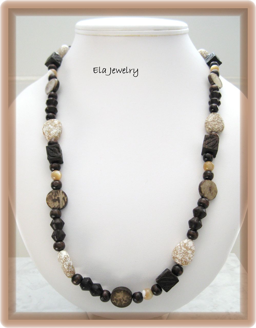 Nature's Bounty ~ White Stabilized Turquoise with Coconut Wood and Carved Cube Wood Long Necklace Nature's Bounty ~ White Stabilized Turquoise with Coconut Wood and Carved Cube Wood Long Necklace