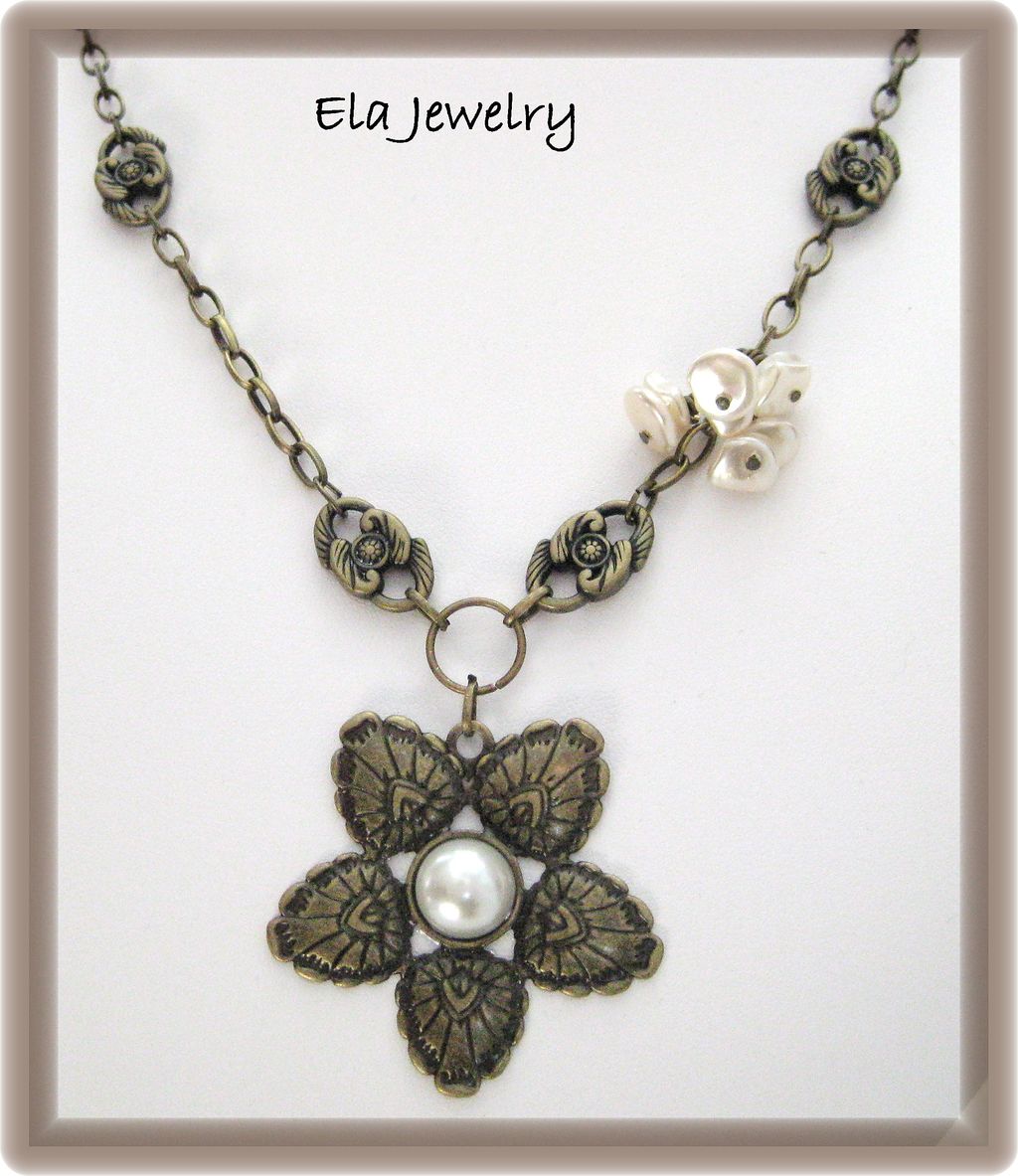 Brass and Glass Pearl Flower Pendant Necklace Brass and Glass Pearl Flower Pendant Necklace