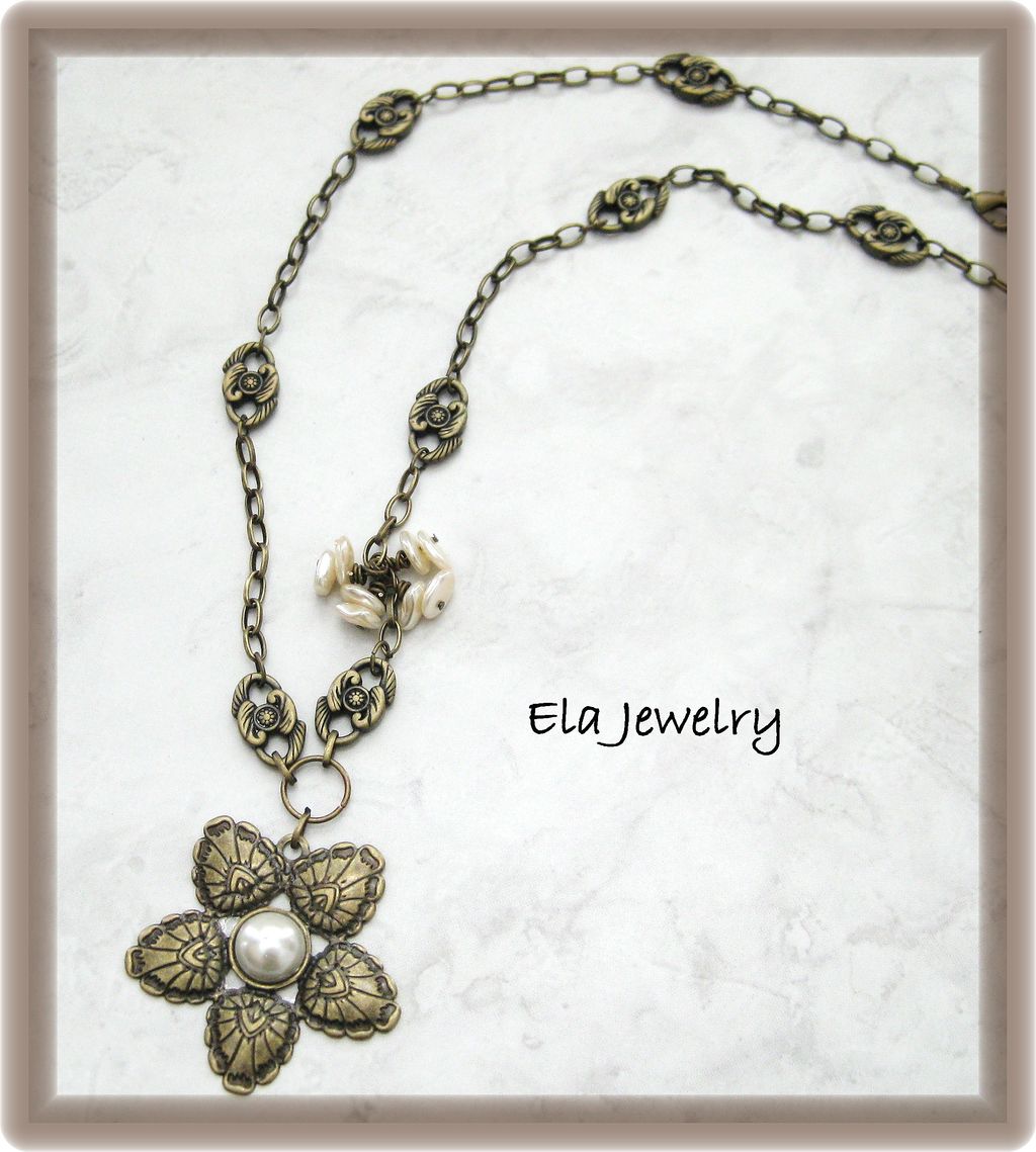 Brass and Glass Pearl Flower Pendant Necklace Brass and Glass Pearl Flower Pendant Necklace