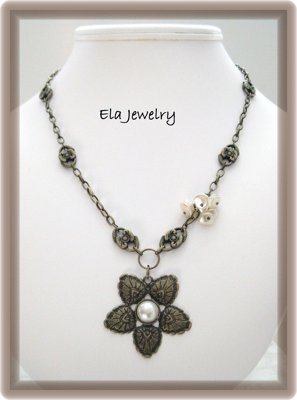 Brass and Glass Pearl Flower Pendant Necklace Brass and Glass Pearl Flower Pendant Necklace