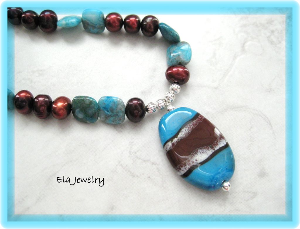 Artisan Lampwork Pendant with Freshwater Pearl and Blue Crazy Lace Agate Necklace Artisan Lampwork Pendant with Freshwater Pearl and Blue Crazy Lace Agate Necklace