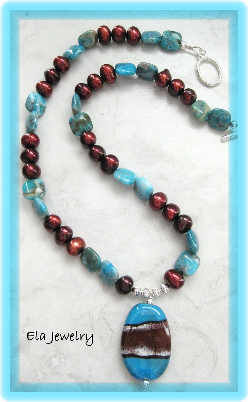 Artisan Lampwork Pendant with Freshwater Pearl and Blue Crazy Lace Agate Necklace Artisan Lampwork Pendant with Freshwater Pearl and Blue Crazy Lace Agate Necklace