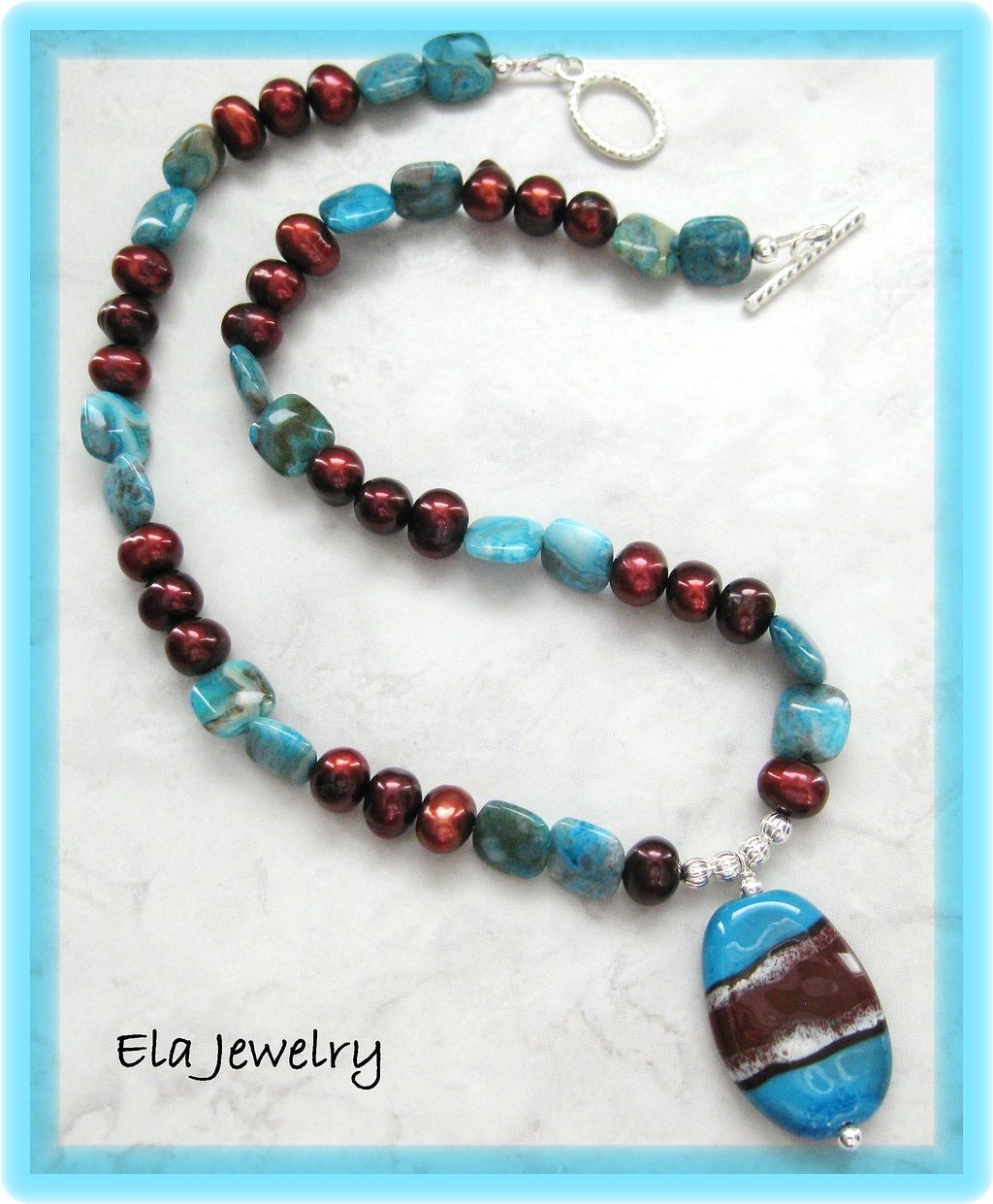 Artisan Lampwork Pendant with Freshwater Pearl and Blue Crazy Lace Agate Necklace Artisan Lampwork Pendant with Freshwater Pearl and Blue Crazy Lace Agate Necklace
