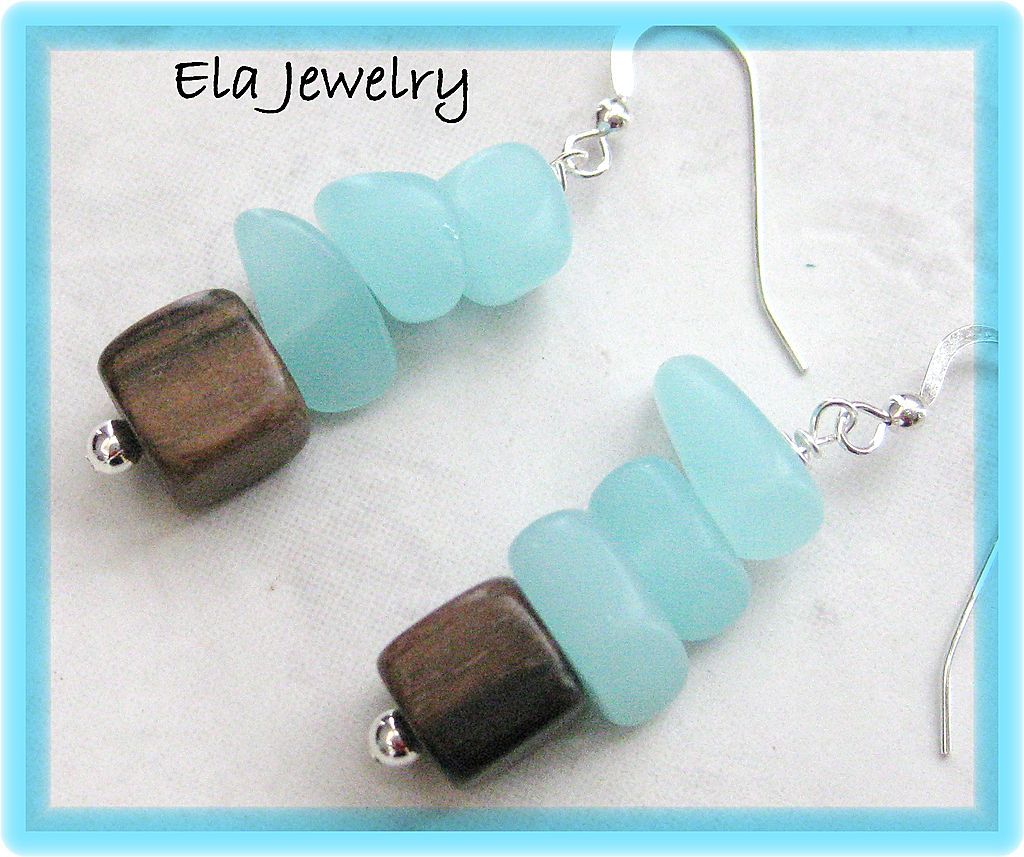 Sea Green Sea Glass Nugget with Brown Wood Bead Earrings Sea Green Sea Glass Nugget with Brown Wood Bead Earrings