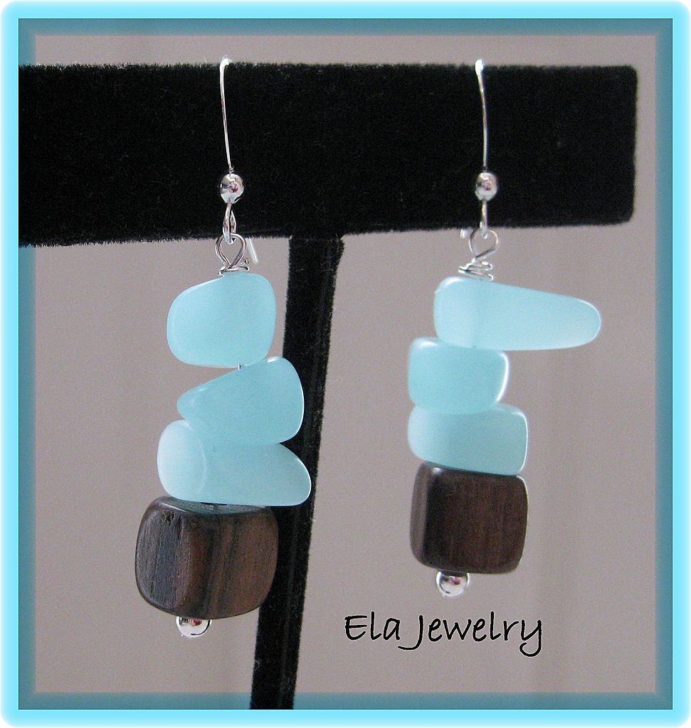 Sea Green Sea Glass Nugget with Brown Wood Bead Earrings Sea Green Sea Glass Nugget with Brown Wood Bead Earrings