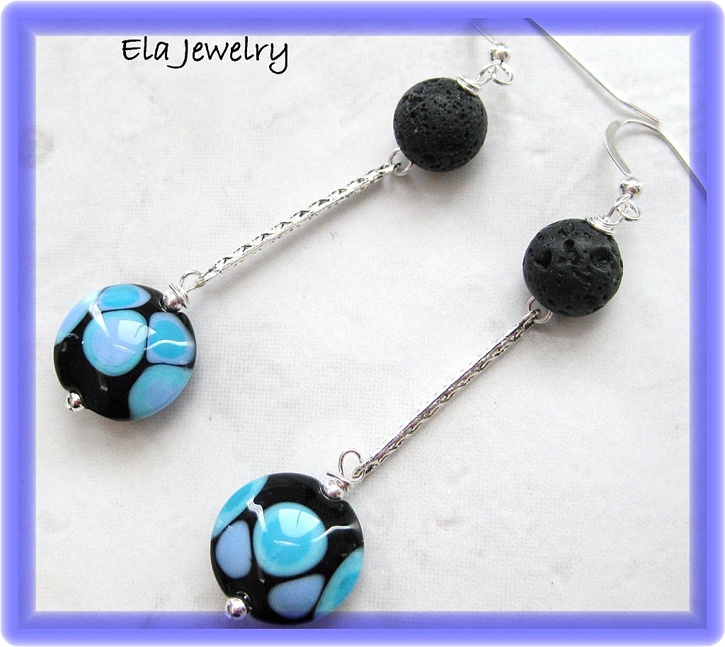 Black Lava with Artisan Lampwork and SIlver Connector Earrings Black Lava with Artisan Lampwork and SIlver Connector Earrings
