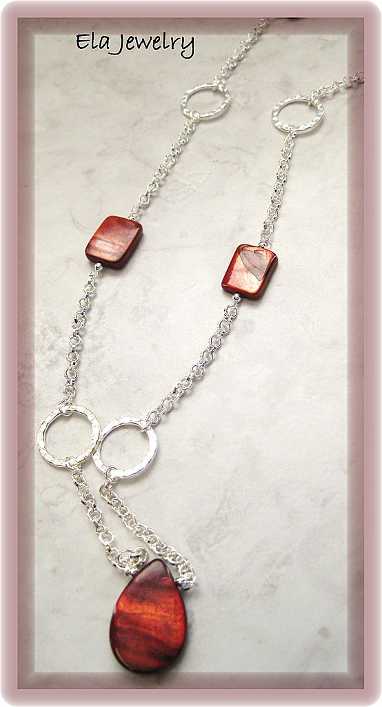 Long Necklace in Silver Chain with Red Mother of Pearl Bead Necklace Long Necklace in Silver Chain with Red Mother of Pearl Bead Necklace