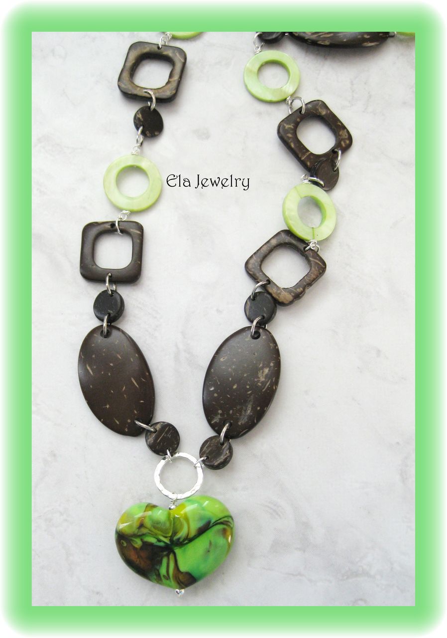 Handcrafted Lampwork Heart Pendant with Wood Bead Necklace Handcrafted Lampwork Heart Pendant with Wood Bead Necklace