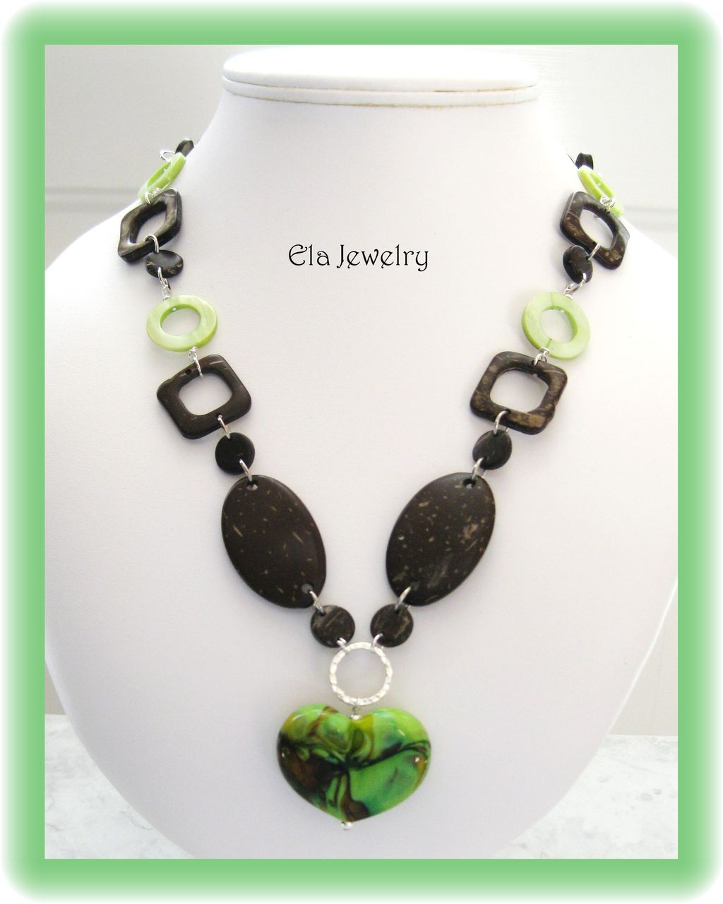 Handcrafted Lampwork Heart Pendant with Wood Bead Necklace Handcrafted Lampwork Heart Pendant with Wood Bead Necklace