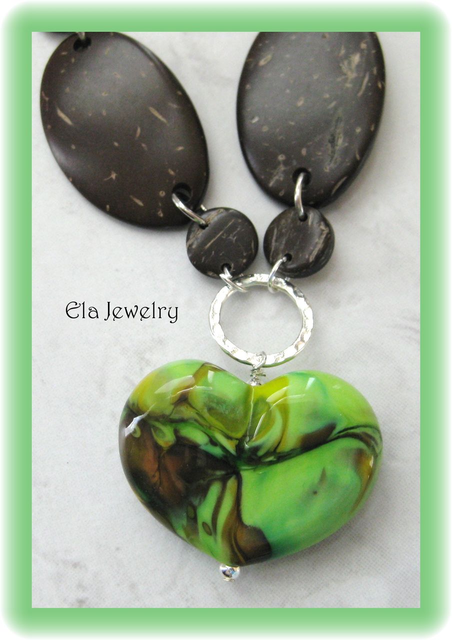 Handcrafted Lampwork Heart Pendant with Wood Bead Necklace Handcrafted Lampwork Heart Pendant with Wood Bead Necklace