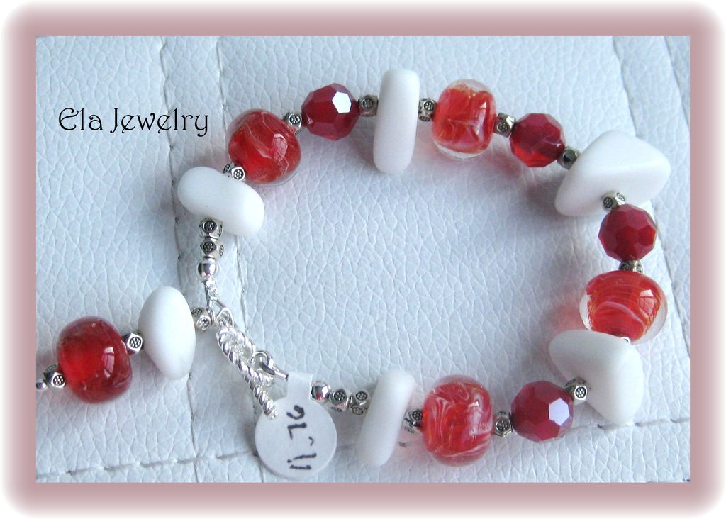 Fun Sparkling Red Lampwork Glass with White Sea Glass Bracelet Fun Sparkling Red Lampwork Glass with White Sea Glass Bracelet
