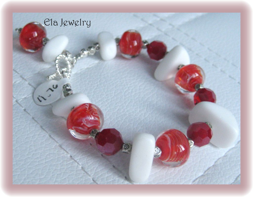 Fun Sparkling Red Lampwork Glass with White Sea Glass Bracelet Fun Sparkling Red Lampwork Glass with White Sea Glass Bracelet