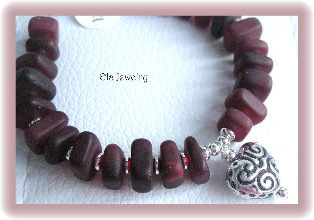 Dark Burgundy Sea Glass and Heart Charm Bracelet Dark Burgundy Sea Glass and Heart Charm Bracelet