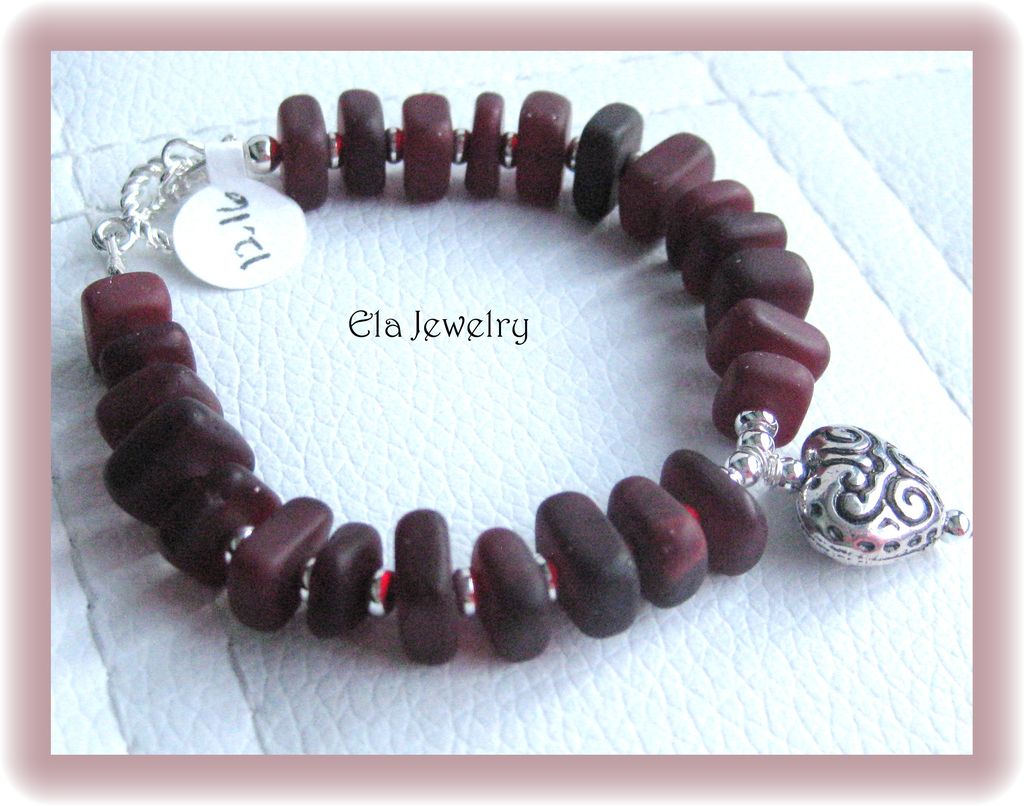 Dark Burgundy Sea Glass and Heart Charm Bracelet Dark Burgundy Sea Glass and Heart Charm Bracelet