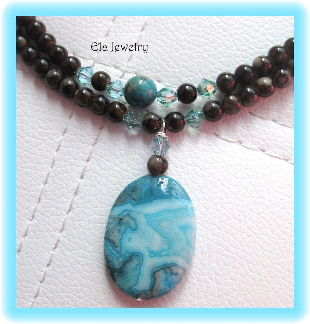 Two Strand Blue Crazy Lace Agate Pendant with Dark Brown Glass Necklace Two Strand Blue Crazy Lace Agate Pendant with Dark Brown Glass Necklace